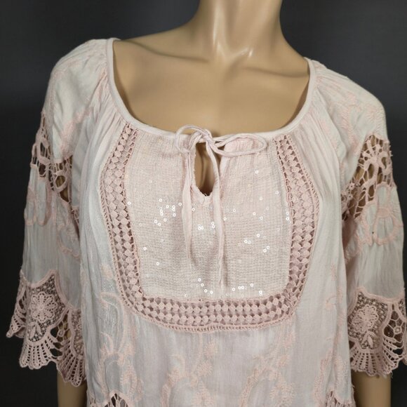 Y2K Boho Fairy Pink Lace Sequin Long Top Tunic Size L Silk Blend Made In Italy - Picture 2 of 11